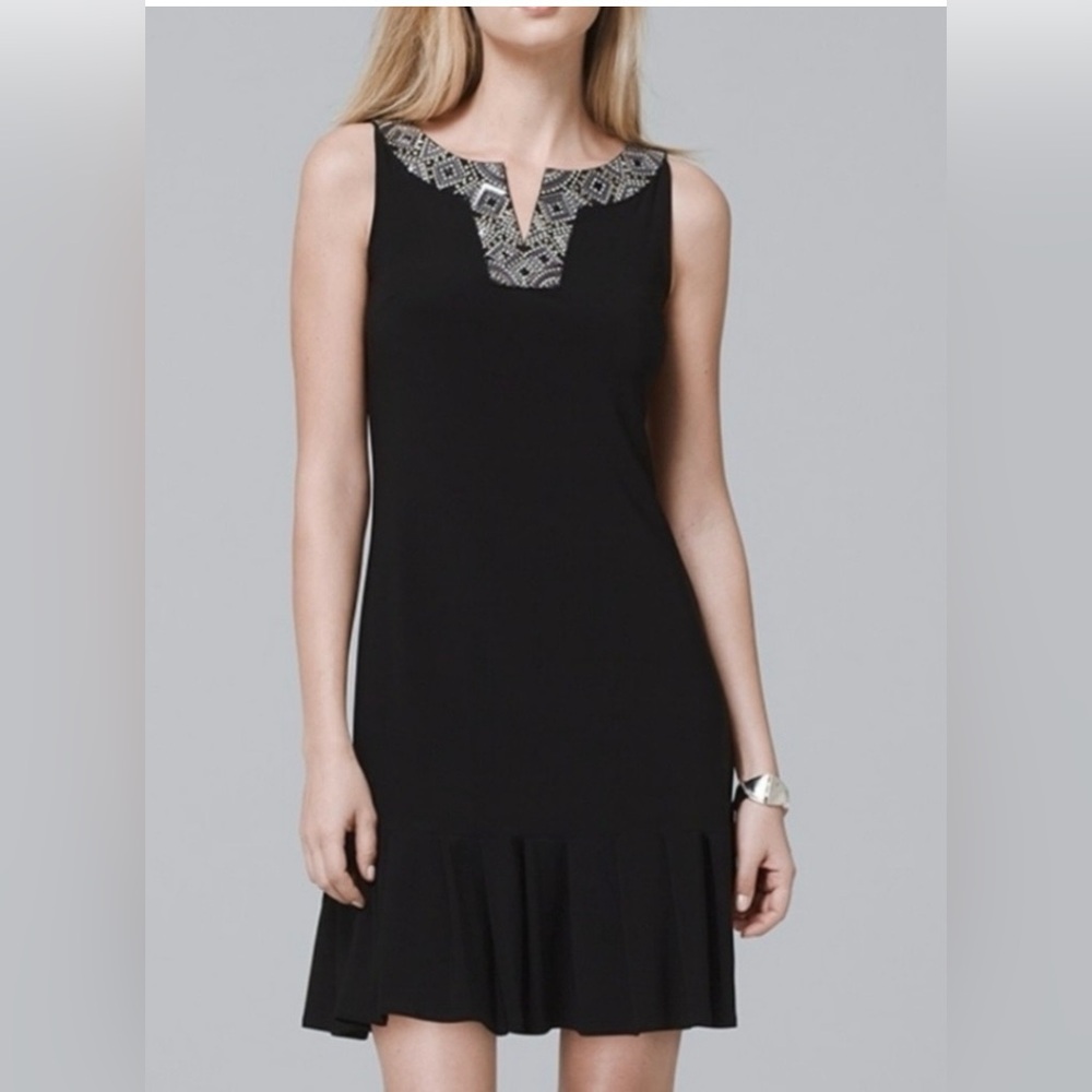 White House Black Market sleeveless Embellished neck Pleat Hem Dress LBD small